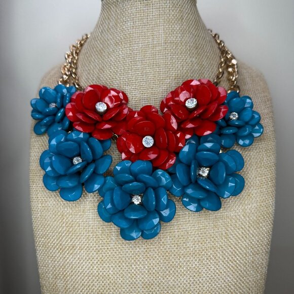 Chunky Red & Blue Floral Statement Necklace With Gold-Tone Chain And Crystal - Picture 2 of 7